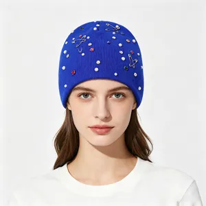 Women's Rhinestone Knit Beanie Winter Warm Fashion Pearl Decorated Pullover Hat Main