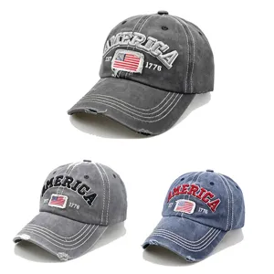 Vintage washed distressed baseball cap with America embroidery and curved brim unisex sun hat