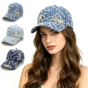 Damen Pailletten Spitze Denim Baseballkappe Verstellbare Vintage Gewaschene Baumwolle Papa Hut Outdoor Sonnenschutz Hut