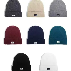 Winter Warm Knit Beanie Hat Acrylic Cuff Skull Cap Woven Label Outdoor Casual Solid Color Ski Hat For Men Women
