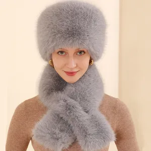 Women Winter Warm Faux Fur Hat Scarf Set Solid Color Embossed Thermal Plush Ear Protection Bucket Hat Soft Scarf Two Piece Set Outdoor