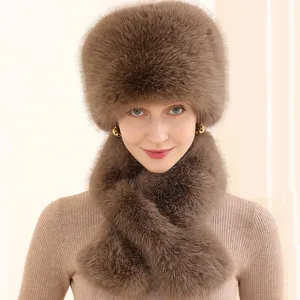 Faux fox fur hat and scarf set winter warm plush winter cap and thick neck warmer brown.