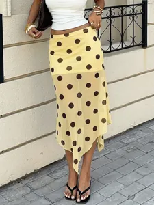 Women Casual Polka Dot Mesh Double-Layer Midi Skirt High Waist Asymmetrical Flowy Summer Street Fashion Skirt