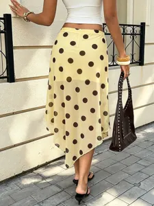 Women's summer polka dot mesh asymmetric midi skirt, high waist elegant casual daily wear street style.