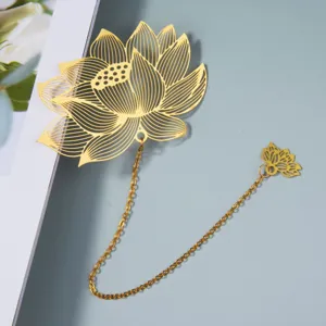 Elegant vintage metal hollow lotus bookmark with chain pendant, perfect reading detail.