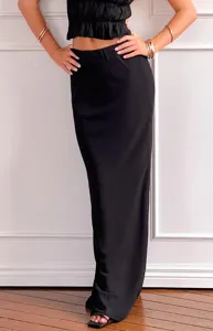 Elegant black two-piece maxi skirt set for women, perfect for summer chic casual evening wear.