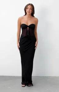 Detailed view of the elegant black strapless mesh maxi dress, perfect for summer evening wear.