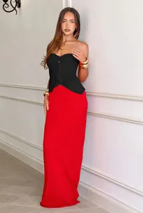 Red bodycon long skirt detail view, elegant drape fabric for summer fashion outfits.