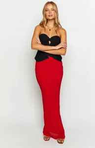 Elegant solid color mesh draped maxi skirt paired with black strapless top for women summer.