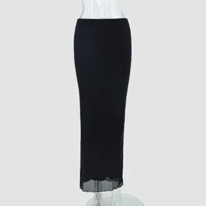 Black mesh double layer skirt detail showcasing the sheer fabric and draping silhouette.
