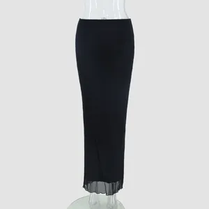 Black double-layer mesh draped maxi skirt detail, elegant slim silhouette for women summer.