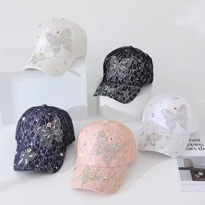 Casquette de Baseball en Dentelle avec Strass Papillon pour Femme Extérieur Décontracté Respirant Protection Solaire Réglable