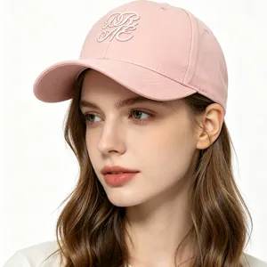 Pink cotton soft top baseball cap with white 3d embroidery, casual Korean style for daily wear.