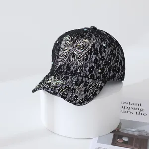 Casquette de baseball en dentelle noire avec papillon en strass étincelant, chapeau de soleil élégant.
