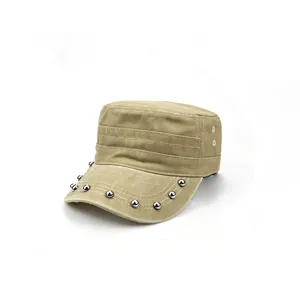Casquette militaire plate kaki avec rivets métalliques, chapeau de mode décontracté d'extérieur.