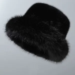 Detailed close-up of the black plush winter warm fisherman hat showing fine faux fur texture.