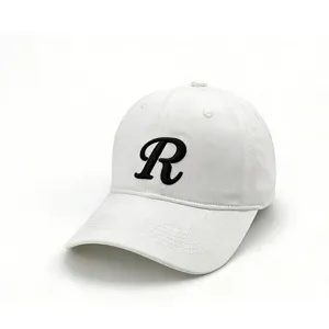 White cotton baseball cap detail, featuring black letter R embroidery for outdoor daily wear.