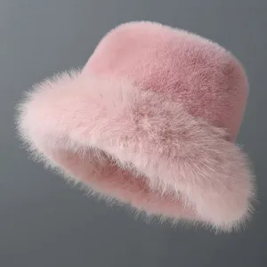 Pink fluffy bucket hat winter warm plush faux fur hat for women fashion stylish cap