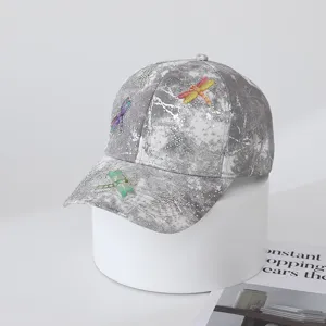 Grey tie-dye baseball cap featuring exquisite rhinestone and 3D dragonfly details.