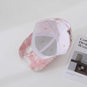 Pink tie-dye fashion casual baseball cap interior detail view, comfortable and stylish.