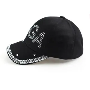 Zwarte strass honkbalpet voor dames, sprankelende kristallen hoed voor outdoor sport en zon.