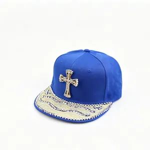 Casquette de baseball hip-hop bleue avec croix en strass et bord en cristal pour tous