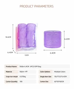 Set de rouleaux à cheveux en nylon 6 pièces, taille 6,4 cm, léger pour coiffage facile.