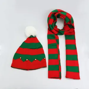 Christmas red green striped knit hat scarf set winter warm cute holiday costume apparel accessory