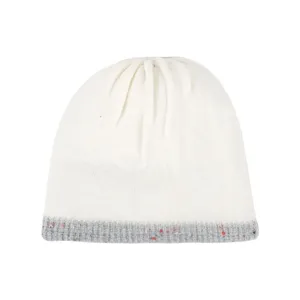Close-up detail of the warm winter woolen knit beanie hat with speckled grey brim.