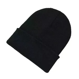 Classic plain black knitted cuffed beanie hat for autumn and winter daily warm wear.