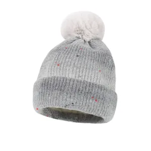 Gradient knit winter beanie with fluffy pom pom, warm wool blend thick thermal hat detail.