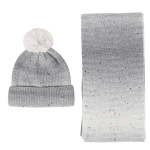 Winter wool blend gradient knit beanie hat and long scarf set with faux fur pom pom.
