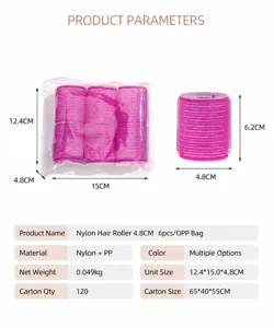 Vue détaillée des rouleaux à cheveux en nylon avec dimensions et caractéristiques pour le coiffage.