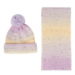 Gradient knit hat and scarf set, warm winter wool blend pom pom beanie and cozy neck scarf.