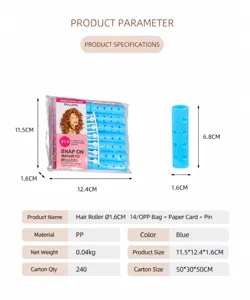 Plastic hair roller set with pins and OPP bag packaging, showing detailed dimensions and specs.