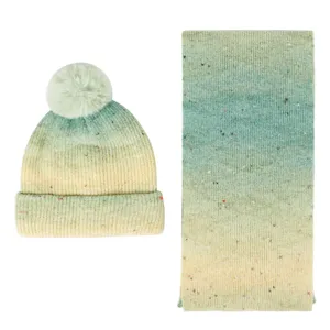 Green yellow gradient knit beanie and scarf set detail, cozy winter wool blend warm winter accessories.