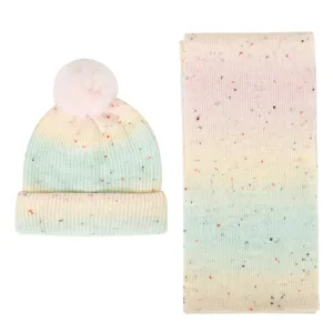 Gradient knit beanie and scarf set featuring soft wool blend and playful pom-pom detail.