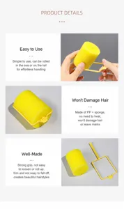 Detail view of yellow sponge hair roller with plastic clip, soft foam curler for bangs and hair ends.