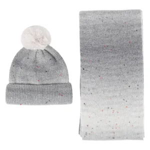 Wool blend gradient knit beanie and scarf set for winter, stylish grey speckled design.