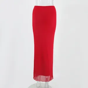 Solid red double-layer mesh long skirt featuring a slim hip-wrapping design for women.