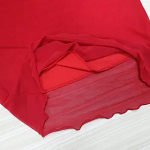 Red double layer mesh midi skirt hem detail, sheer fabric skirt with lettuce trim.