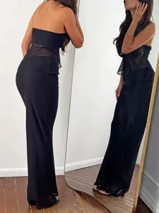 Black strapless mesh two-piece set, elegant minimalist solid color draping long skirt for women