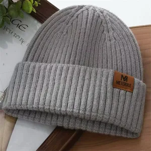 Grey knitted beanie winter warm slouchy cap with leather patch stylish casual cold hat