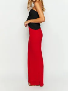 Women summer elegant solid mesh draped skirt set, casual black top and red maxi skirt.