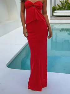 Red strapless twist top and high waist maxi skirt set for women, elegant summer poolside outfit.