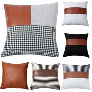 Detailed view of Nordic patchwork canvas and leather throw pillow covers, assorted styles.