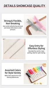 Detailed view of professional hair styling tail combs with stainless steel pins in vibrant colors.