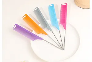 Detail view of colorful hair styling pin tail combs for professional salon and hair dyeing.