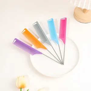 Colorful hair styling tail comb set with stainless steel pin for salon highlighting and parting.