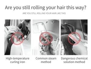 Hair styling tool detail showing comparison of methods avoiding hair damage and heat.